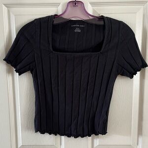 American Eagle Outfitters Black Ribbed Square-Neck Short Sleeve Crop Top